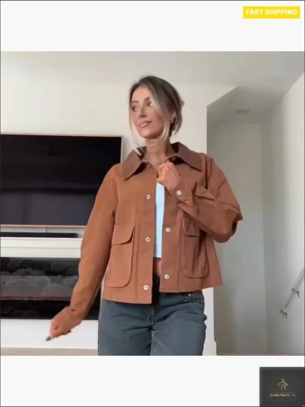 Cropped Barn Jacket Contrast Collar Long Sleeve Cotton Cargo Jacket with Pockets